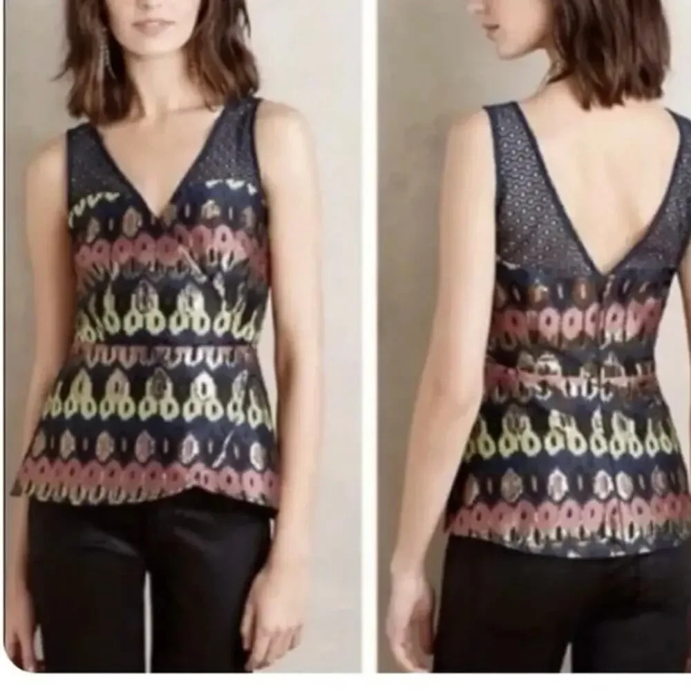Anthropologie HD In Paris,0 ,Blue Sleeveless Metallic Mesh Tank crisscross Top￼‎